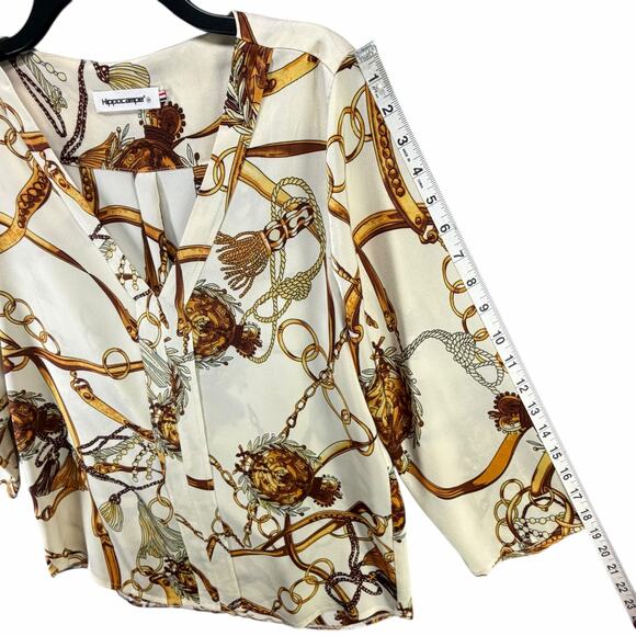 Hippocampe Blouse Top Womens M Cream Chain Print 3/4 Sleeve Old Money Equestrian - Picture 10 of 15